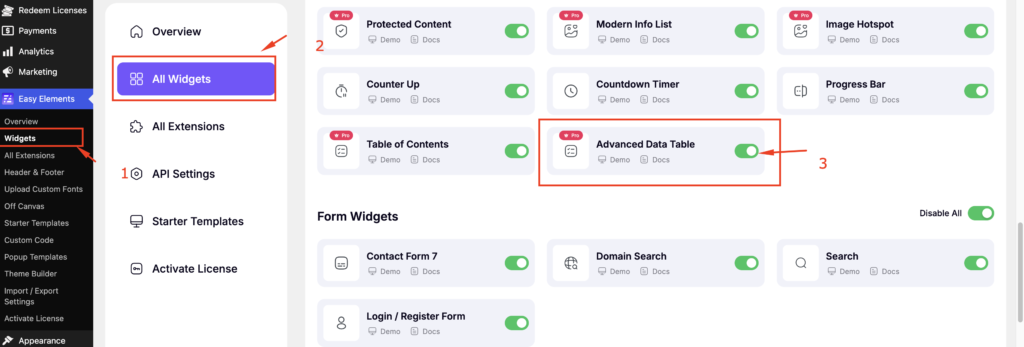 enable data tabel widget